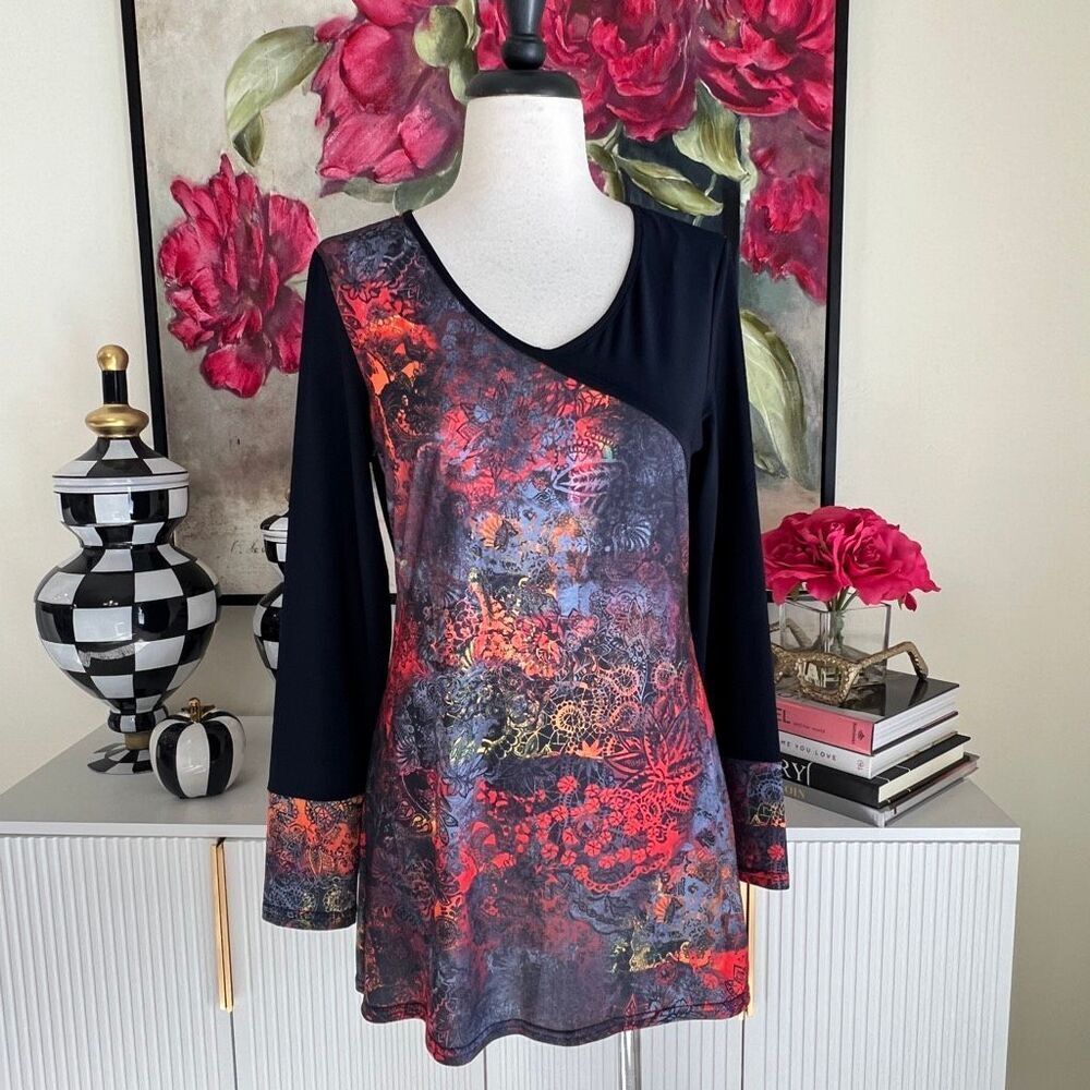Sophie A Women's Floral V-Neck Pullover Long Sleeve Tunic Top Multicolor Small
